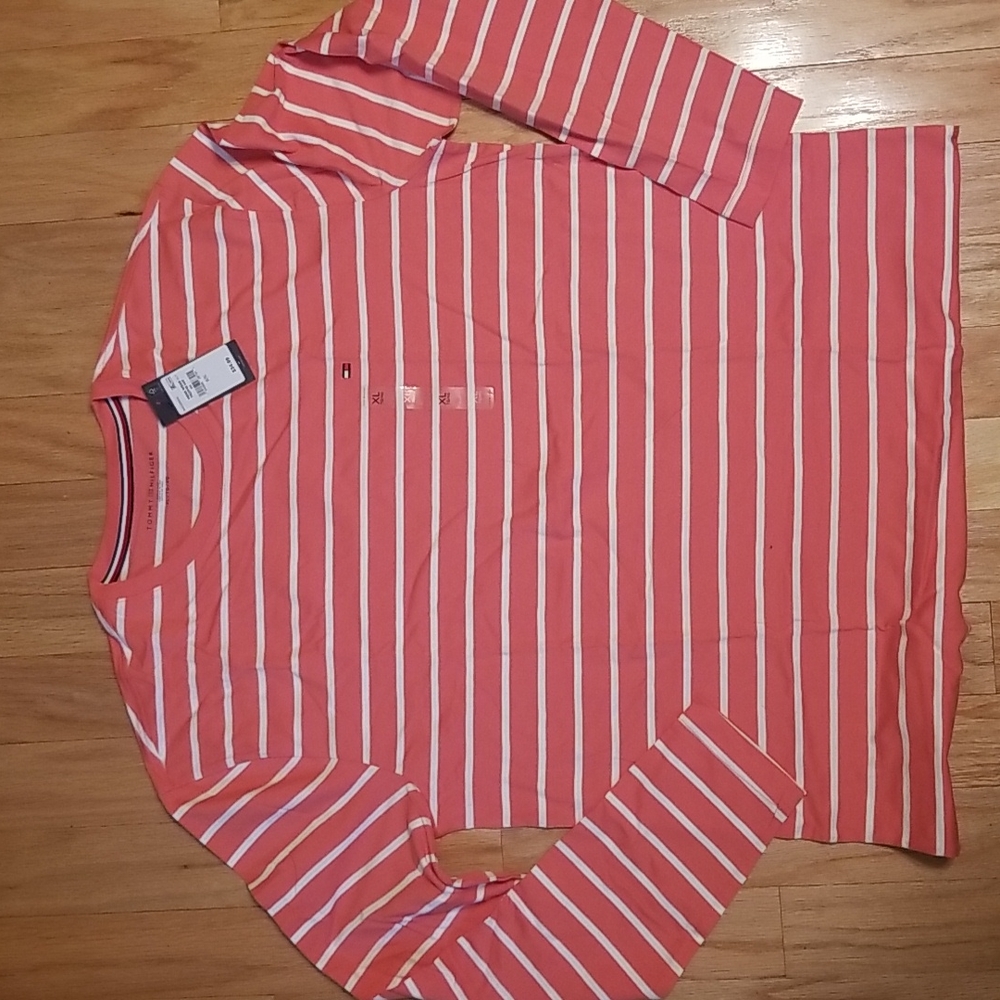 Tommy Hilfiger Shirt Mens XL Long Sleeve Salmon Stripe T-shirt - New with tags